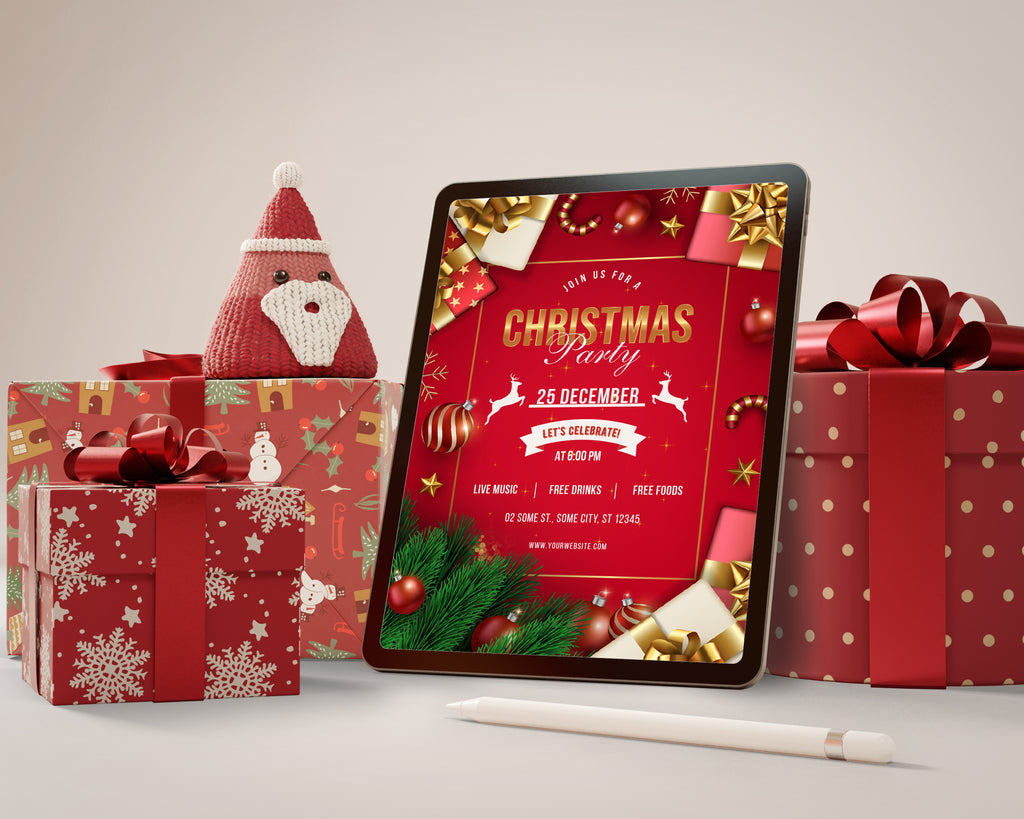 Christmas Digital Invite | Customizable Design | Aesthetic Presents Backdrop | Digital Layout Download