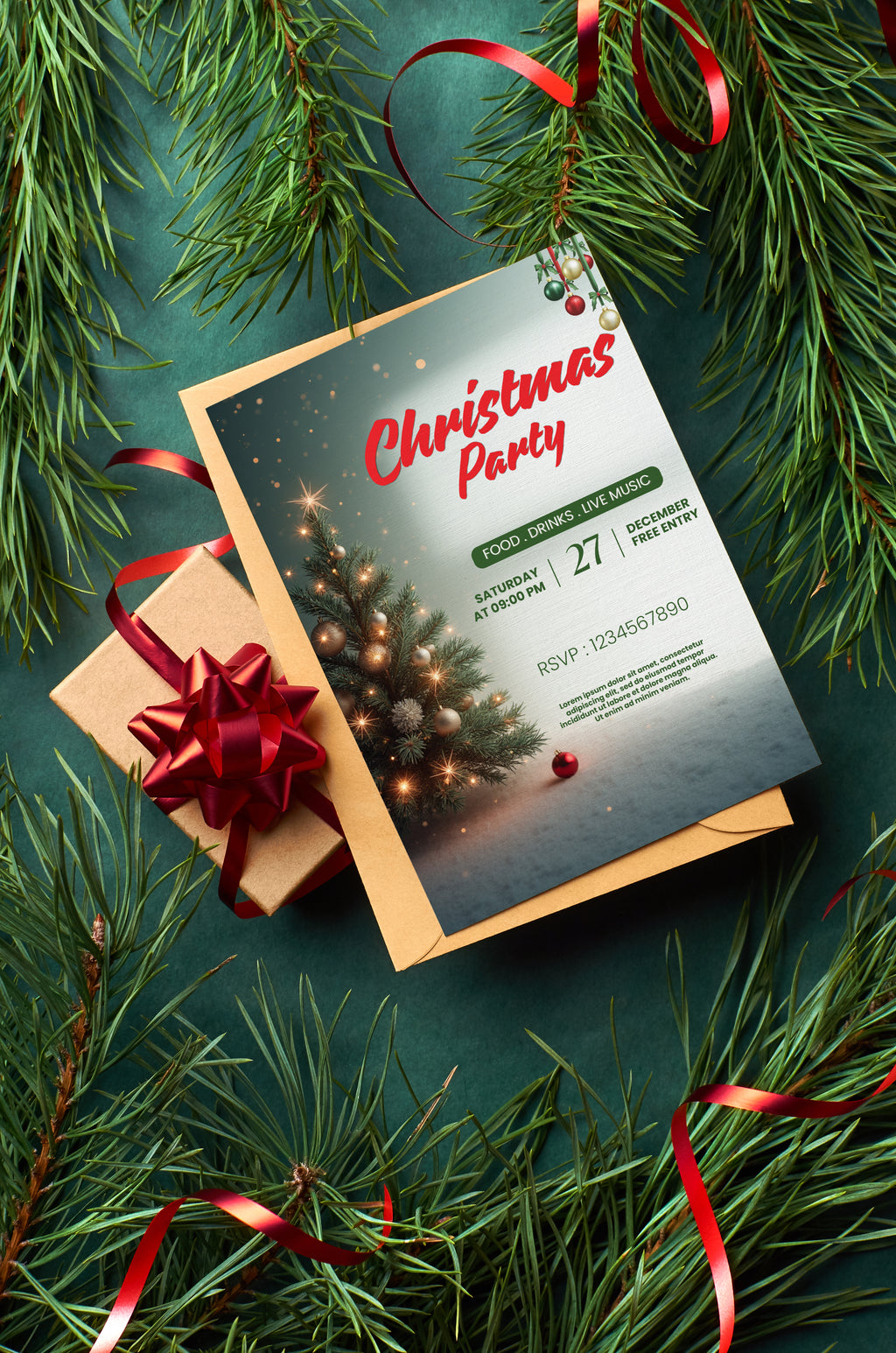 Christmas Digital Invite | Customizable Design | Aesthetic Ornament Backdrop | Digital Layout Download (Copy)