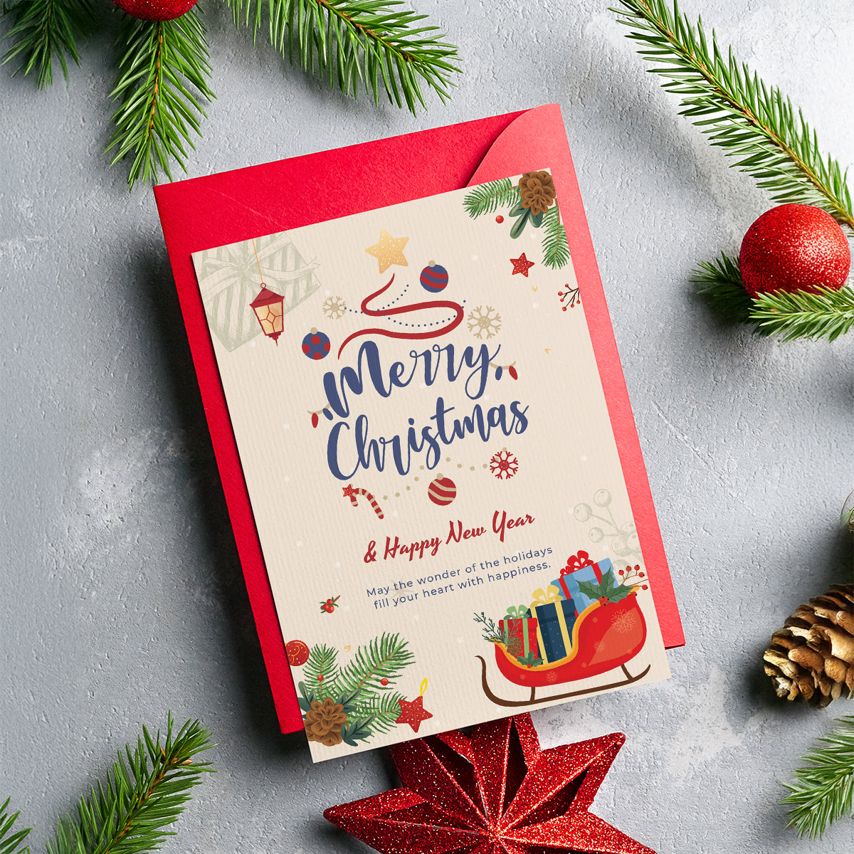 Christmas Digital Card | Customizable Design | Aesthetic Sleigh Backdrop | Digital Layout Download