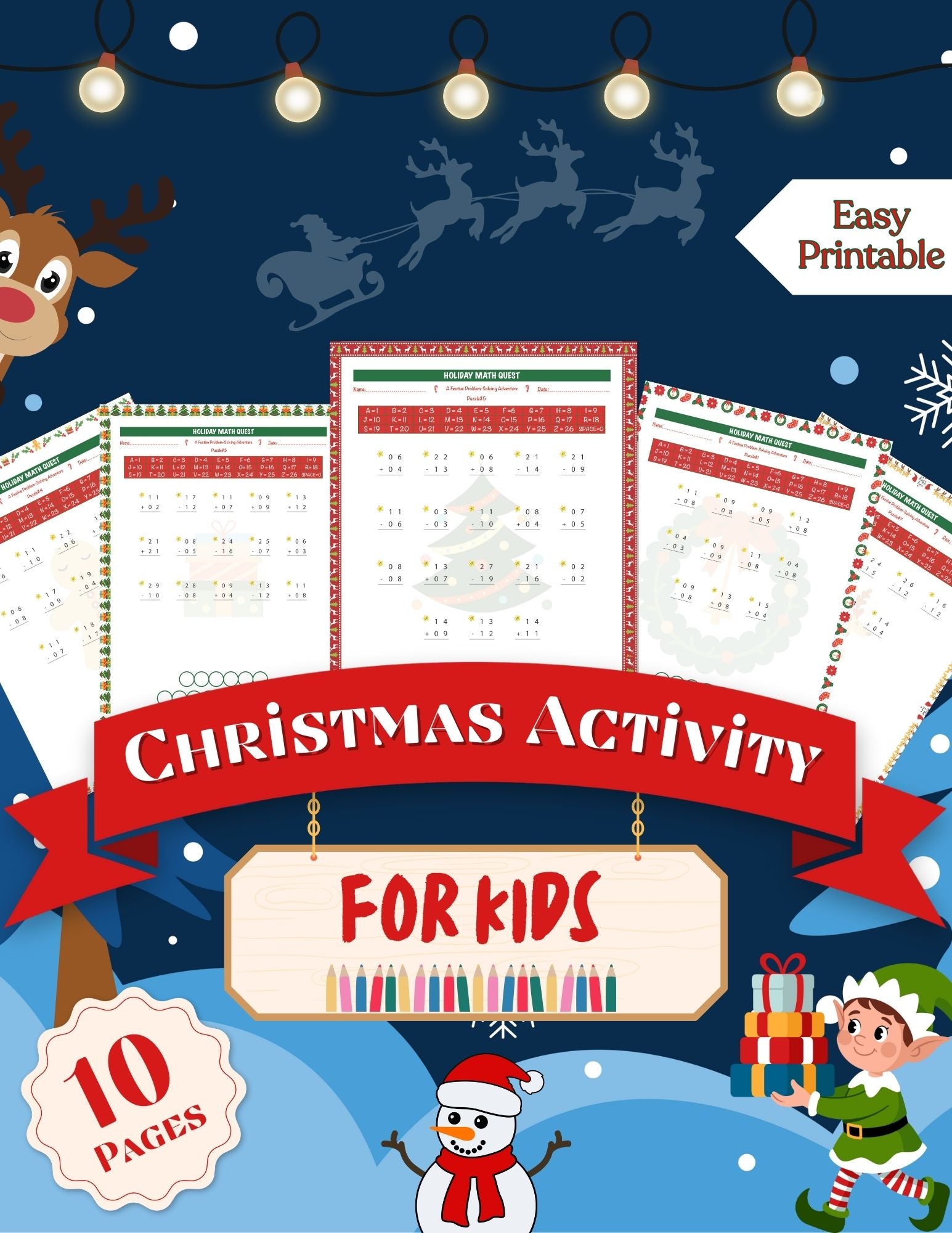 Christmas Math Worksheets for Kids | Addition and Subtraction Problems + Word Puzzle | Educational Activity Pack | Printable Activity Pack