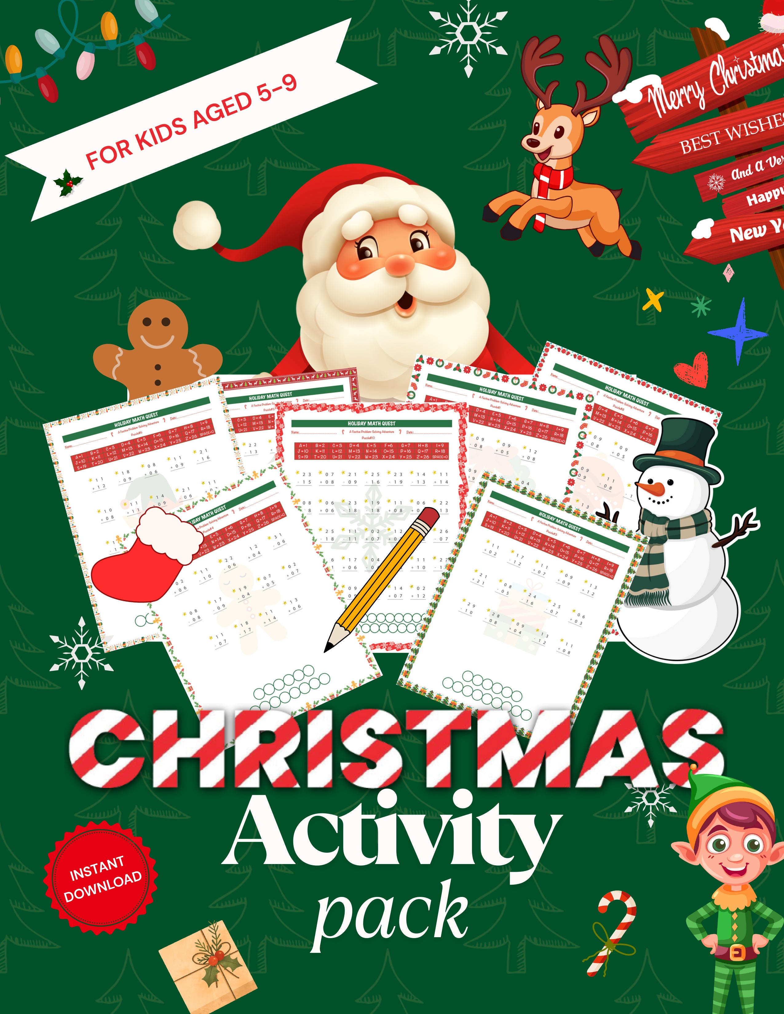 Christmas Math Worksheets for Kids | Addition and Subtraction Problems + Word Puzzle | Educational Activity Pack | Printable Activity Pack
