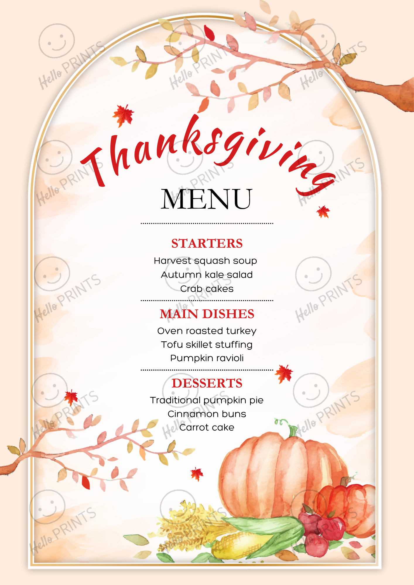 Thanksgiving Digital Menu | Customizable Message | Aesthetic Pumpkin and Branches Backdrop | Digital Layout Download