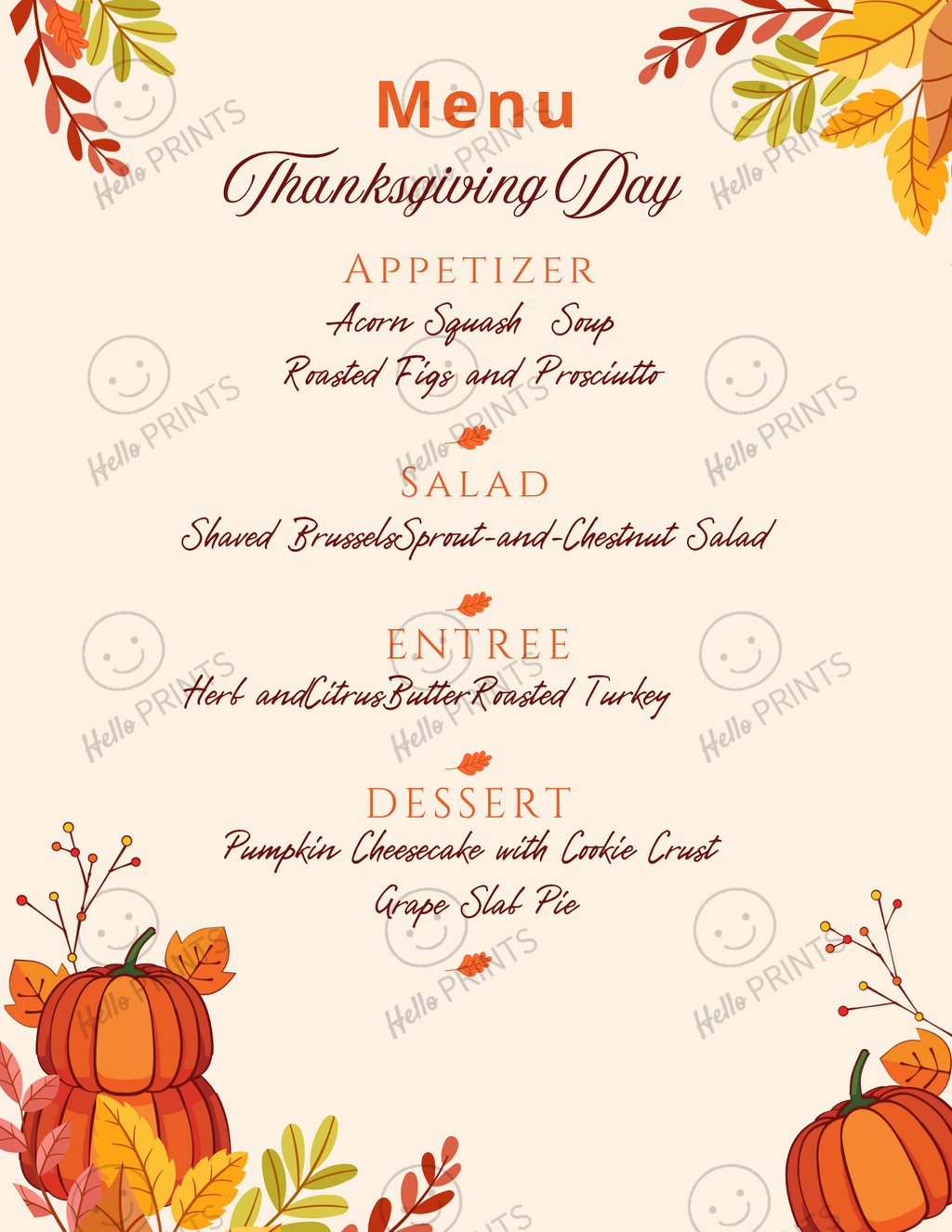 Thanksgiving Digital Menu | Customizable Message | Aesthetic Pumpkin and Leaves Backdrop | Digital Layout Download