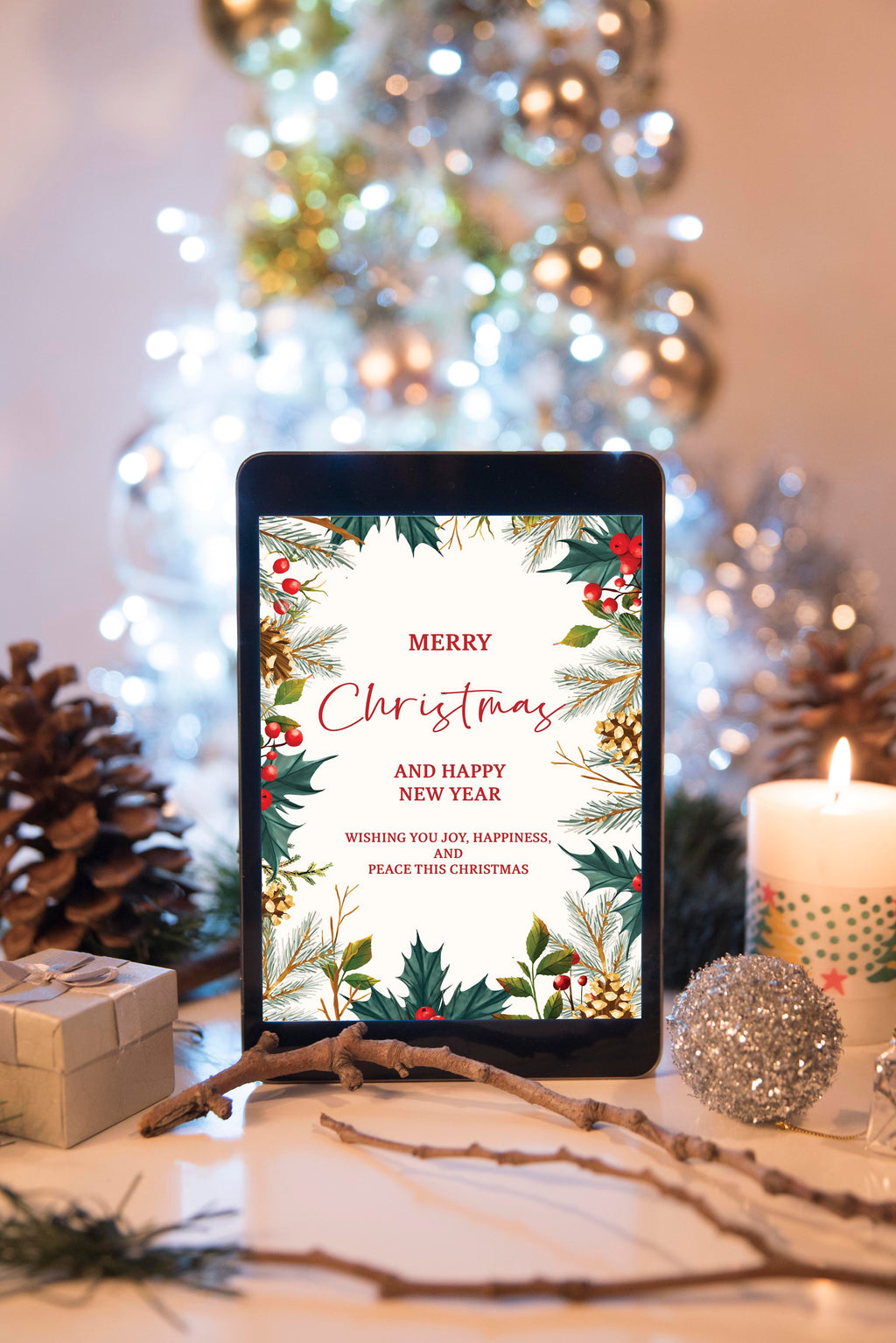 Christmas Digital Card | Customizable Design | Aesthetic Plants Backdrop | Digital Layout Download