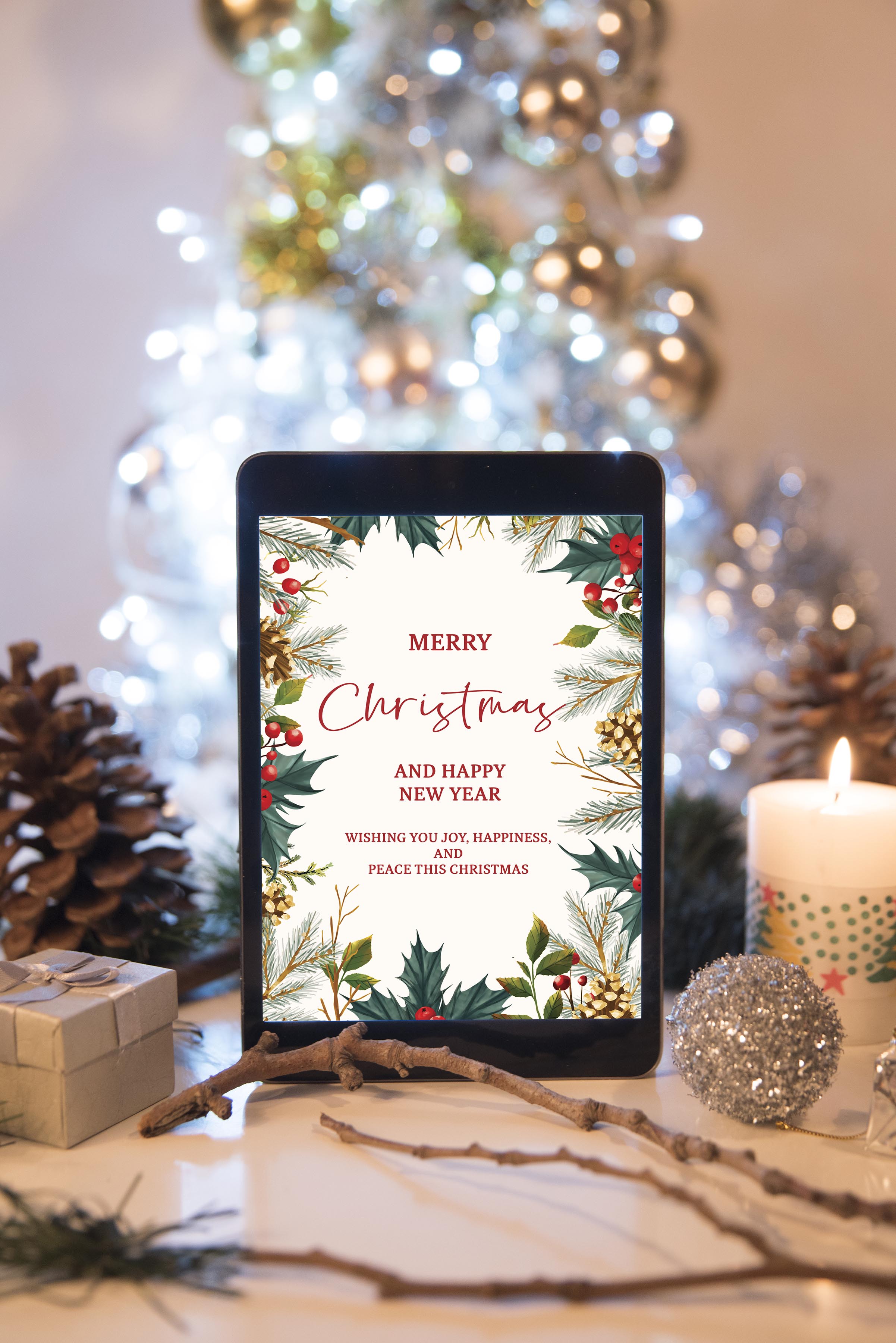 Christmas Digital Card | Customizable Design | Aesthetic Plants Backdrop | Digital Layout Download
