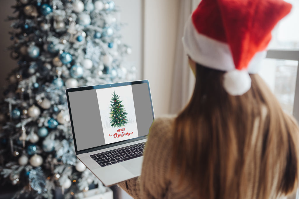 Christmas Digital Card | Customizable Design | Aesthetic Tree Lights Backdrop | Digital Layout Download