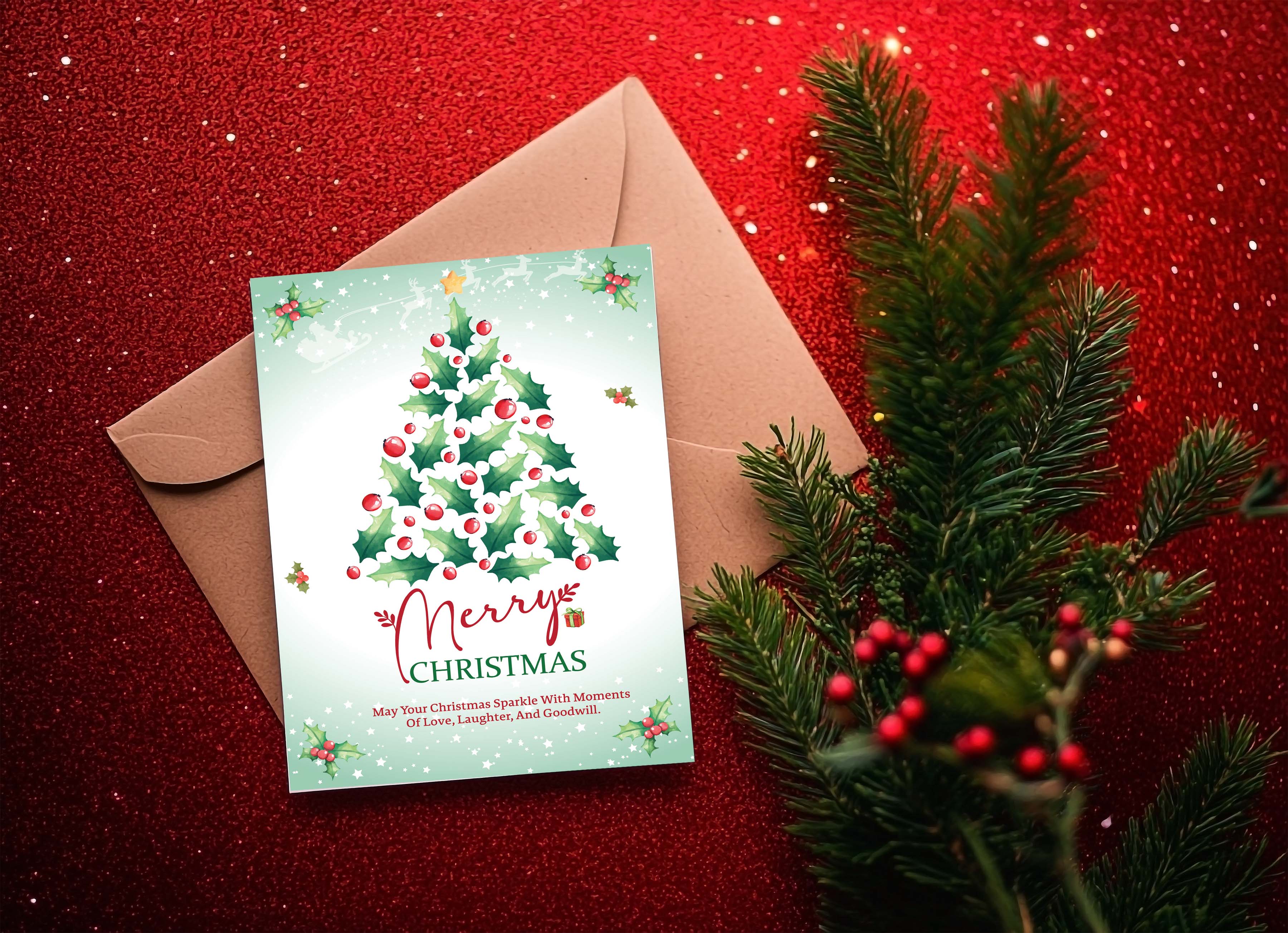 Christmas Digital Card | Customizable Design | Aesthetic Tree Backdrop | Digital Layout Download